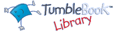 TumbleBook Library logo with book doing a cartwheel